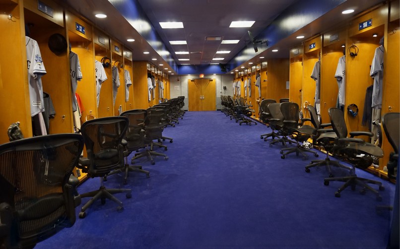 The visitors’ locker room set for Dodger Stadium.